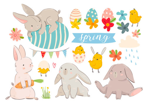 Happy Easter! Various eggs, bunnies and chicks. Hand drawn colored vector set. All elements are isolated