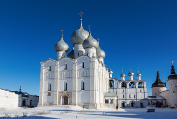 View of the Kremlin in Rostov the Great and the assumption Cathedral in winter, Rostov the Great,...