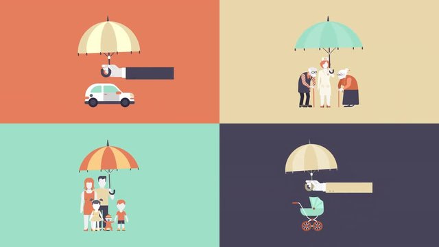 Insurance business, car, family, baby and elderly care policy animated flat concept. Hand holds umbrella and protects from trouble animation icons.
