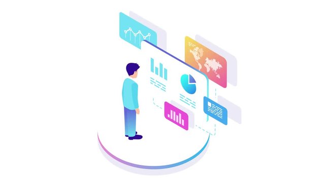 Man Business Analyse Data Market in Virtual space isometric flat video with alpha. Fintech Finance Charts Diagrams businessman seamless looping animated concept on white background.
