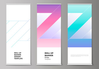 The vector illustration of the editable layout of roll up banner stands, vertical flyers, flags design business templates. Creative modern cover concept, colorful background.