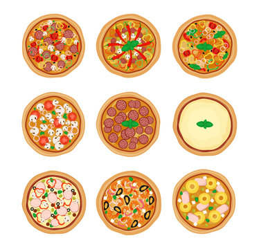 Pizza set icons isolated on white background. Pizza with different ingredients. Vector illustration. Flat design.