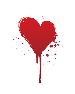 Dripping blood or red heart brush stroke isolated on white background. Halloween concept, ink splatter illustration.