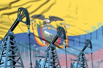 industrial illustration of oil wells - Ecuador oil industry concept on flag background. 3D Illustration