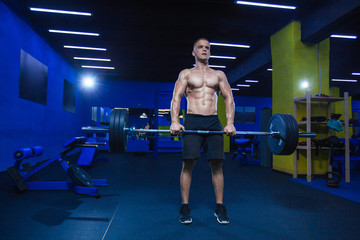 Obraz na płótnie Canvas Muscular man workout with barbell at gym. Brutal bodybuilder athletic man with perfect abs, shoulders, biceps, triceps and chest. Dead lift barbells workout
