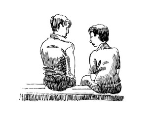 Obraz premium Graphic sketch of a young couple sitting on a bench. Vector illustration.