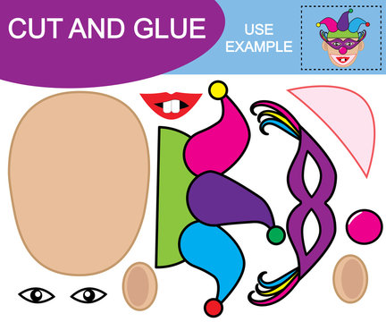 Create the image of face of clown using scissors and glue. Educational game for children. Vector illustration