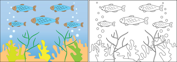 Coloring book for children. Fish swim in the sea, cartoon. Vector illustration.