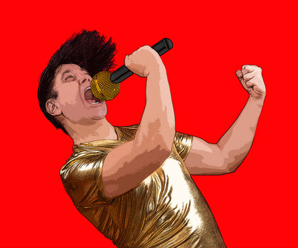The excited singer with a microphone on red background. Crazy emotional man in golden shirt sing to mic.