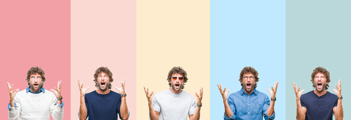 Fototapeta premium Collage of young casual man over colorful stripes isolated background crazy and mad shouting and yelling with aggressive expression and arms raised. Frustration concept.