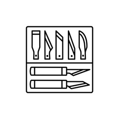 Black & white vector illustration of craft pen knife set with blades. Line icon of craft cutting tool. Isolated object