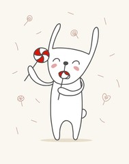 Happy rabbit with sweet candies. Vector flat animal cartoon illustration