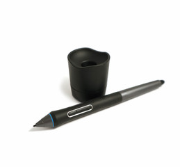 Electronic drawing pencil, isolated on a white background. Digital designer's graphic stylus, macro...