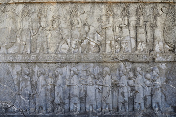 Iran, The beautiful reliefs in the ruins of Ancient Persepolis Complex of Near Eastern civilisation with persian architecture