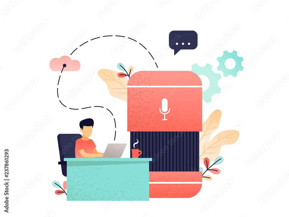 Poster voice controlled smart speaker and user talking. smart home office main controlling hub, iot technol