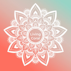 Round dreamy gradient mandala on living coral background. Vector boho white mandala. Mandala with floral patterns. Yoga template