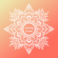 Round dreamy gradient mandala on living coral background. Vector boho white mandala. Mandala with floral patterns. Yoga template