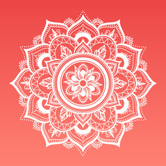 Round dreamy gradient mandala on living coral background. Vector boho white mandala. Mandala with floral patterns. Yoga template