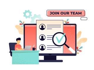 Obraz premium HR managers hiring candidates with resume on computer. HR software, human resources technology, employee effectivity control concept. Website vibrant living coral illustration.