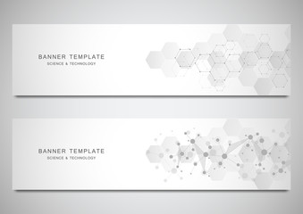 Vector banners and headers for site with molecules background and neural network. Genetic engineering or laboratory research. Abstract geometric texture for medical, science and technology design.