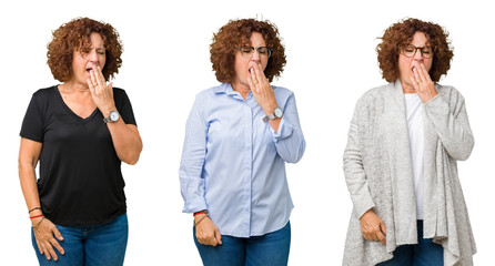 Collage of middle age senior woman over white isolated background bored yawning tired covering mouth with hand. Restless and sleepiness.