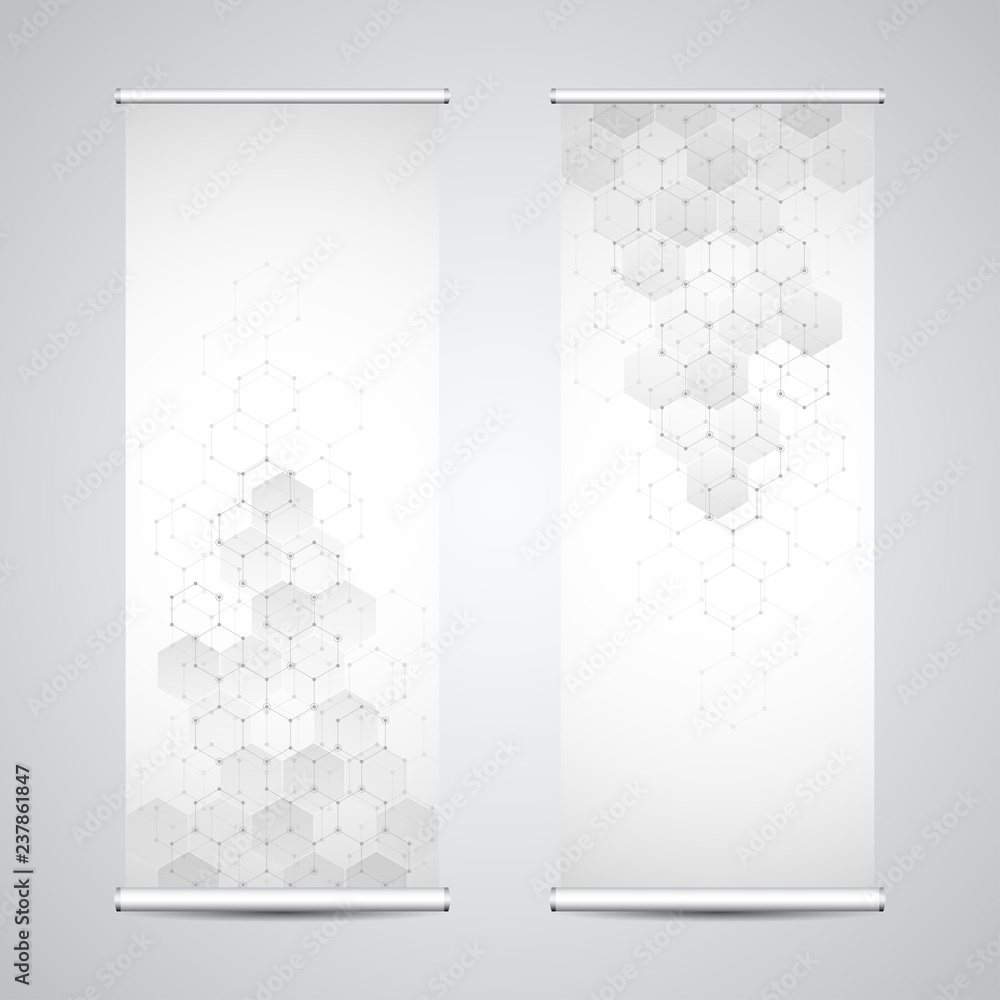 Aufkleber roll up banner stands with abstract geometric background of hexagons pattern. hi-tech digital backgr