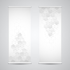 Roll up banner stands with abstract geometric background of hexagons pattern. Hi-tech digital background. Vector illustration for technological or scientific modern design.