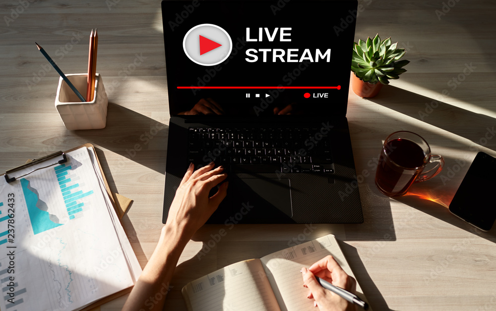 Poster live stream transmit or receive video and audio coverage over the internet. digital marketing and ad