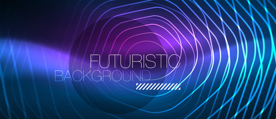 Neon glowing lines, magic energy space blue light concept, abstract background wallpaper design