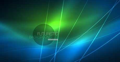 Neon glowing magic background, neon banner, night sky wallpaper. Magic light effect. Christmas abstract pattern.