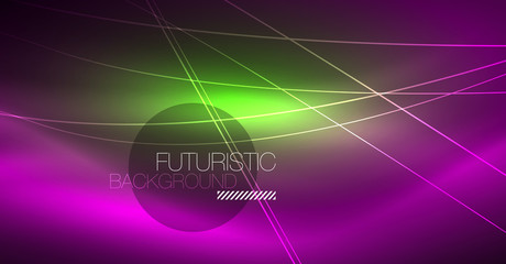 Neon glowing magic background, neon banner, night sky wallpaper. Magic light effect. Christmas abstract pattern.