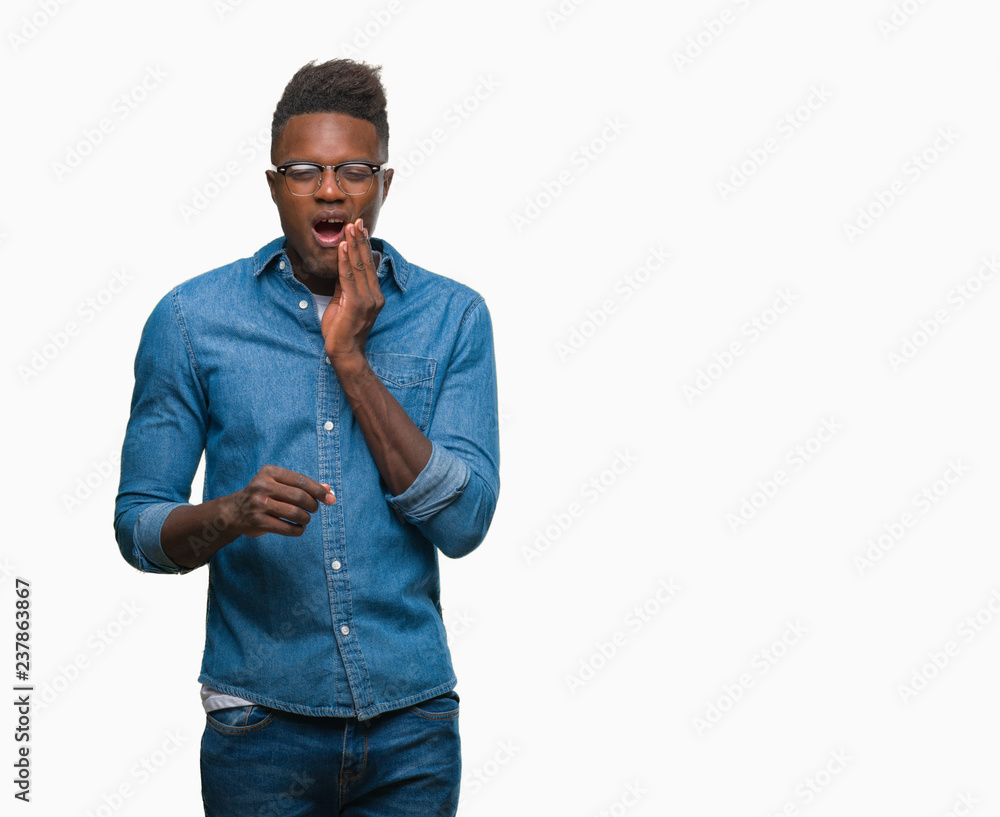 Sticker young african american man over isolated background touching mouth with hand with painful expression