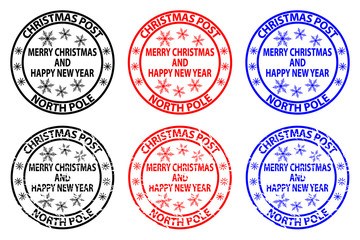 Obraz premium Merry Christmas and happy new year, Christmas Post, North Pole, rubber stamp, sticker, vector, black, red, blue,