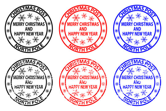 Merry Christmas and happy new year, Christmas Post, North Pole, rubber stamp, sticker, vector, black, red, blue,