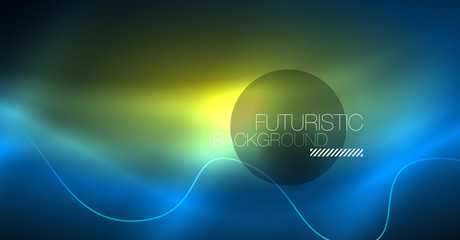 Glowing abstract wave on dark, shiny motion, Christmas and New Year magic space light. Techno abstract background