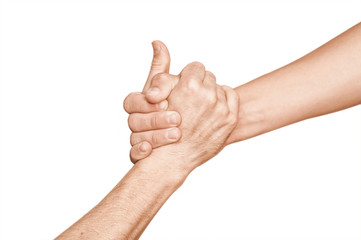 One hand holds another hand on a white background and pulls it up. The concept of teamwork, help