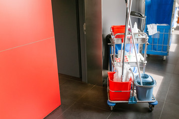 Cleaning equipment cart in hotel