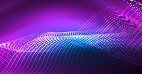 Glowing abstract wave on dark, shiny motion, Christmas and New Year magic space light. Techno abstract background