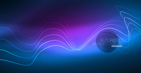 Glowing abstract wave on dark, shiny motion, Christmas and New Year magic space light. Techno abstract background