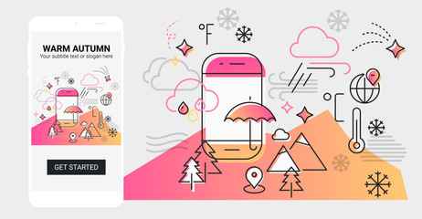 Weather line illustration splash app screen mobile mockup