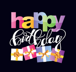 Fototapeta na wymiar Happy birthday lettering color banner with present gift