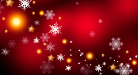 Red sparkling background with stars and snowflakes, the magical atmosphere of the Christmas holidays. Red bokeh background with snowflakes. Empty winter background, snowy, celebratory, sparks and star