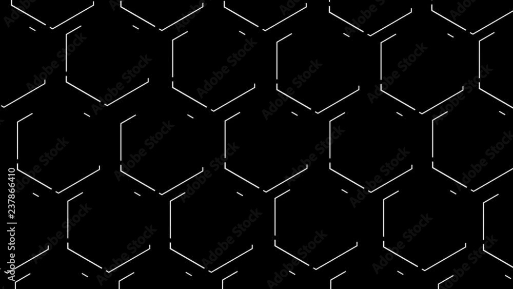 Poster many shape of the honeycomb moves the white line and at the end of the dotted line. black background
