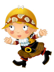 happy smiling cartoon medieval pirate woman running smiling and looking on white background - illustration for children