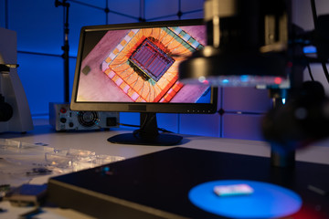 Laboratory of semiconductor chips. The development of modern electronics. crystal chip in the...