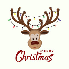 Vector cartoon red nosed reindeer with big horns with electric lights on it. Funny character for christmas and new year cards, banner, poster, t-shirt, packaging,. Merry Christmas hand drawn lettering