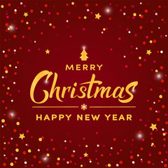Merry Christmas gold hand lettering text on dark red background with confetti and stars. Celebration winter sign for holiday design, postcard, poster, invitation, banner. Vector illustration EPS 10.