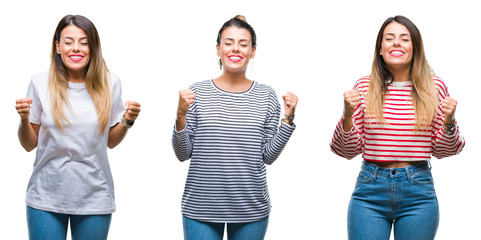 Obraz premium Collage of young beautiful woman over isolated background excited for success with arms raised celebrating victory smiling. Winner concept.