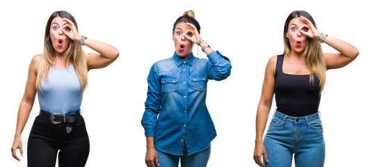 Collage of young beautiful woman over isolated background doing ok gesture shocked with surprised face, eye looking through fingers. Unbelieving expression.