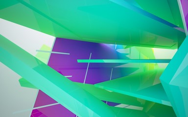 Abstract dynamic interior with gradient colored objects. 3D illustration and rendering
